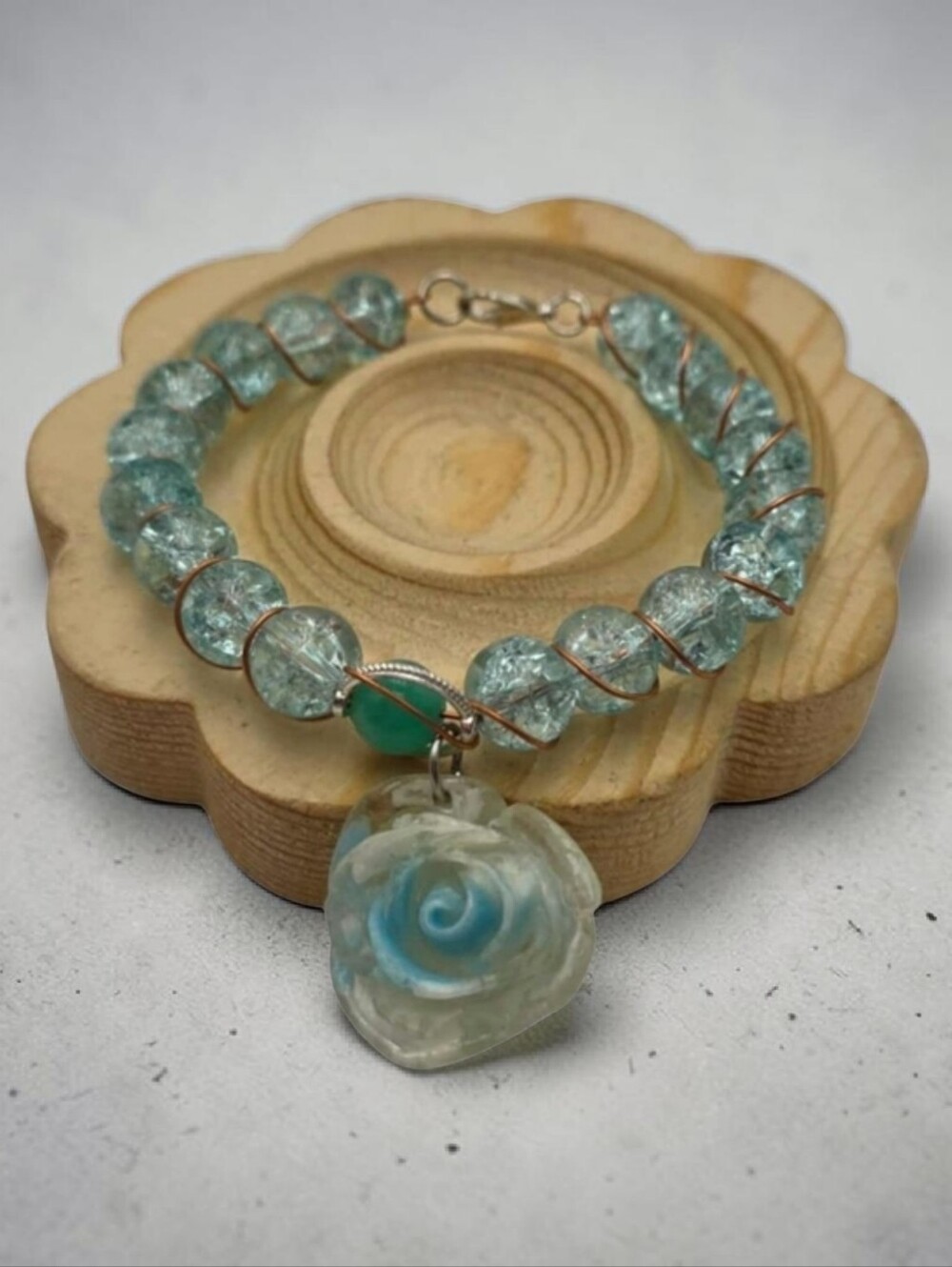 Handmade wirewrapped Elegant Blue Beaded Bracelet with Rose Charm